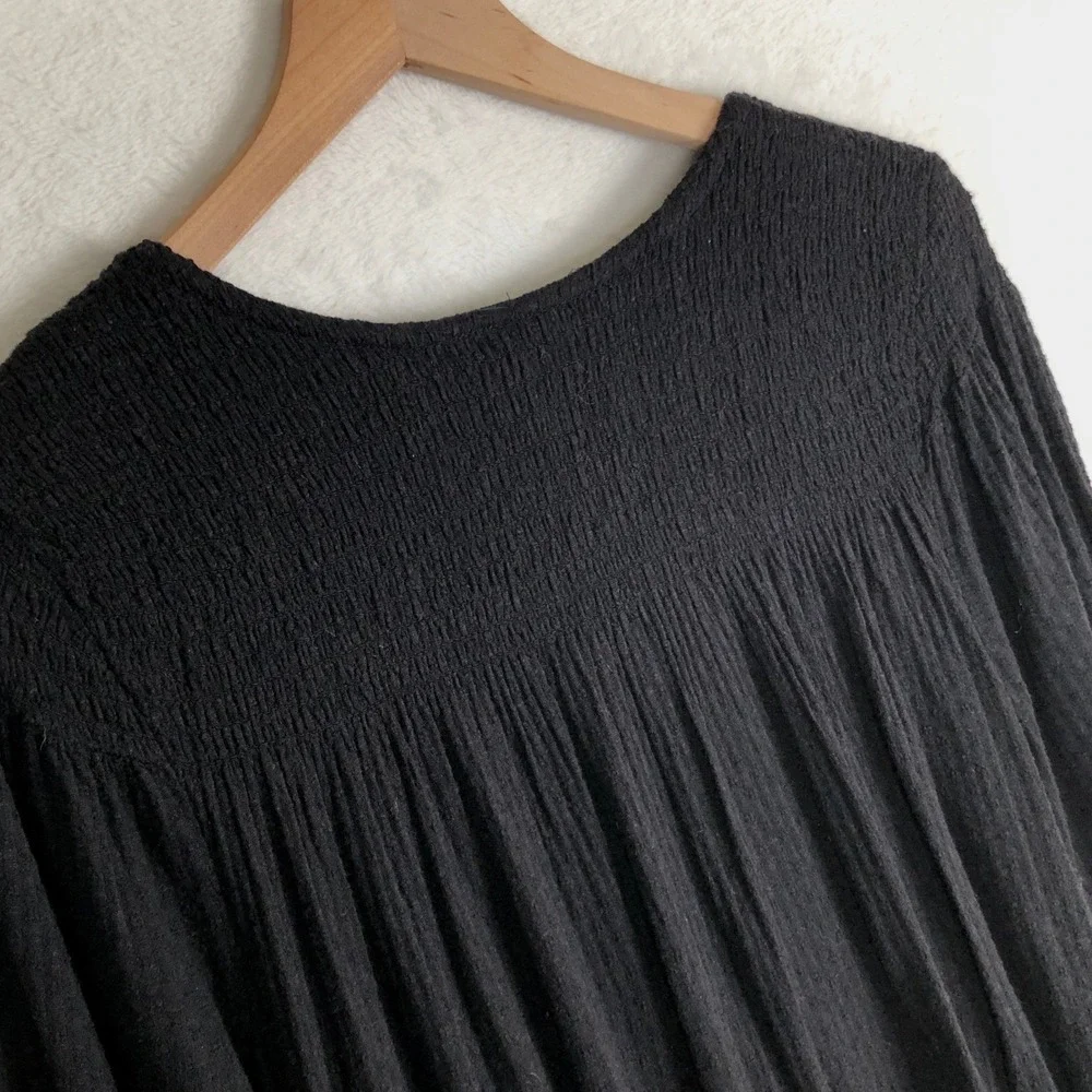 FREE PEOPLE Embroidered Top Sz S Black Gold Balloon Hem Smocked Peasant Boho